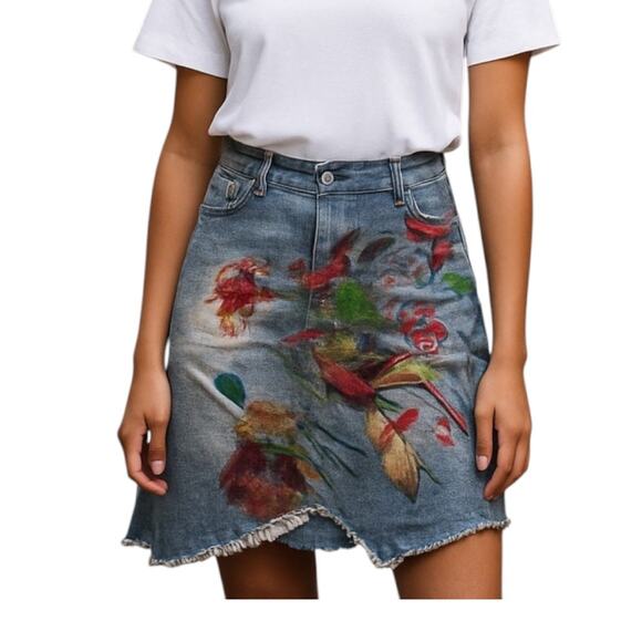 Soolinen Denim Offset Raw Hem Embellished Painted Rhinestone BOHO Skirt Medium - Picture 1 of 4